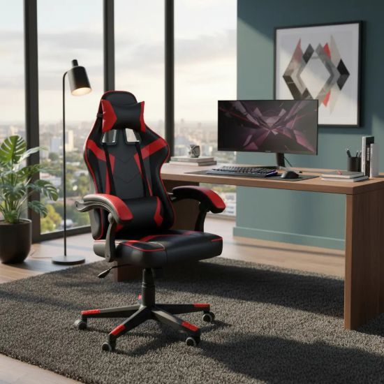 Imagen de Silla Gamer Ergonomica Con Apoya Pies Reclinable Demstore - Rojo - Cuero sintético