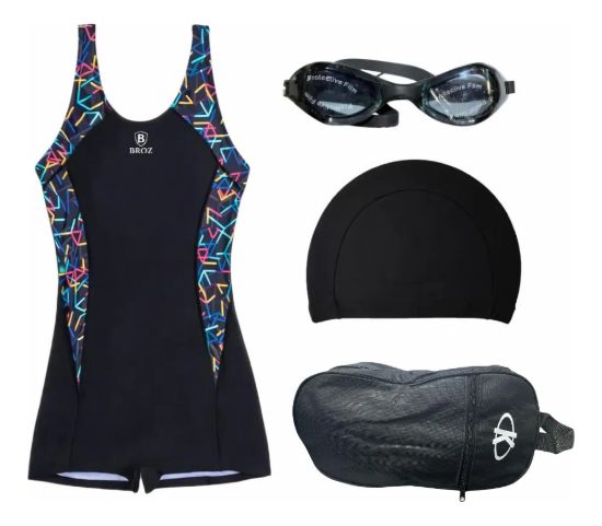 Imagen de Malla Natacion Enterito Para Dama Piscina + Accesorios Broz - Negro - Lisa - XXL