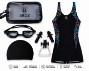 Imagen de Malla Natacion Enterito Para Dama Piscina + Accesorios Broz - Negro - Lisa - M