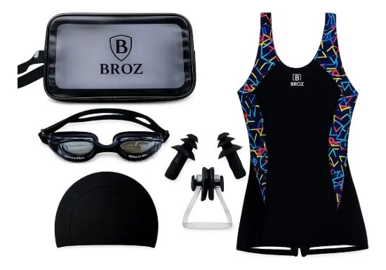 Imagen de Malla Natacion Enterito Para Dama Piscina + Accesorios Negro/combinado Xxl