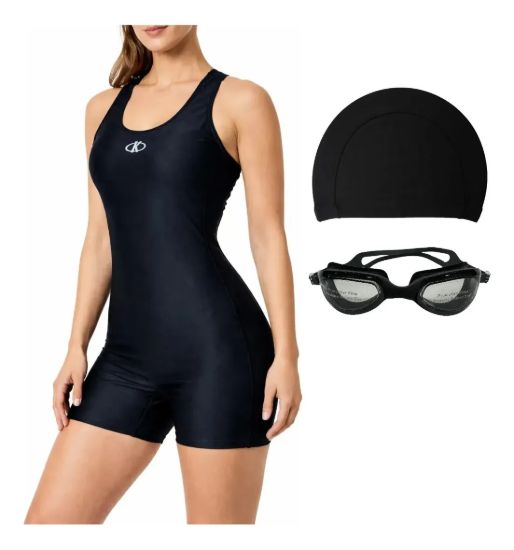 Imagen de Malla Natacion Enterito Para Dama Piscina + Accesorios Negro Xxl